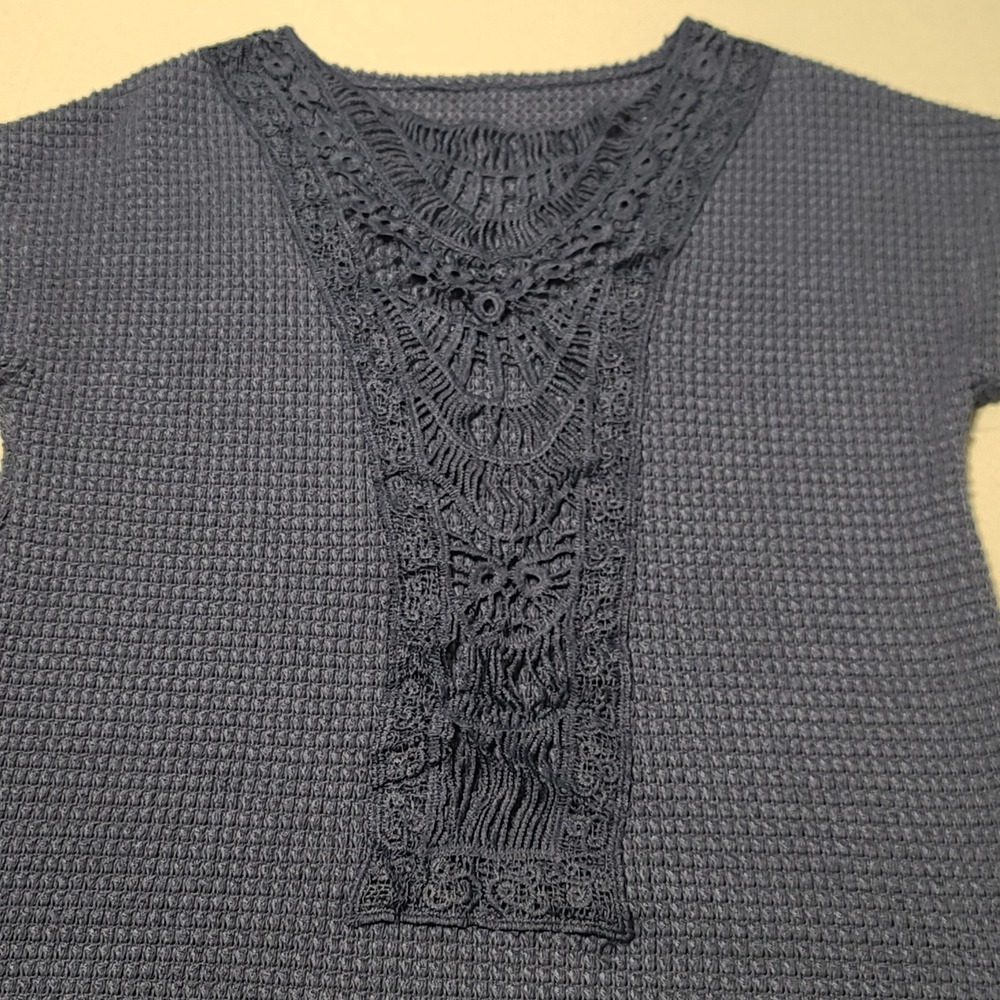 Blue Waffle Knit Womens Top Lace Feminine Crochet Cozy Cottage Core‎ Boho